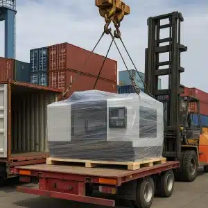 بارگیری دستگاه صنعتی در بندر چین برای واردات به ایران